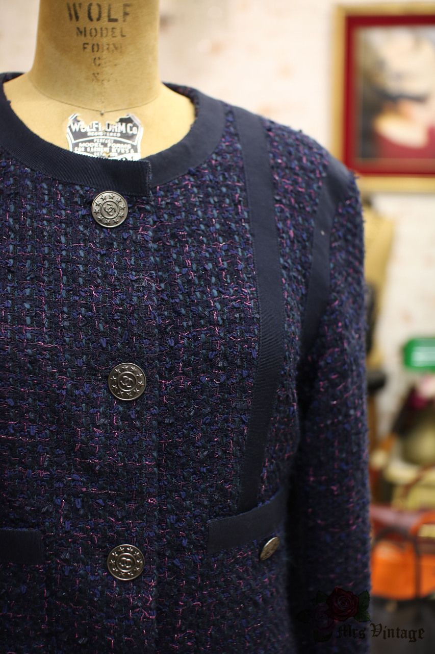 Pre Owned Chanel Navy Purple Evergreen Multi-Tweed Jacket FR38