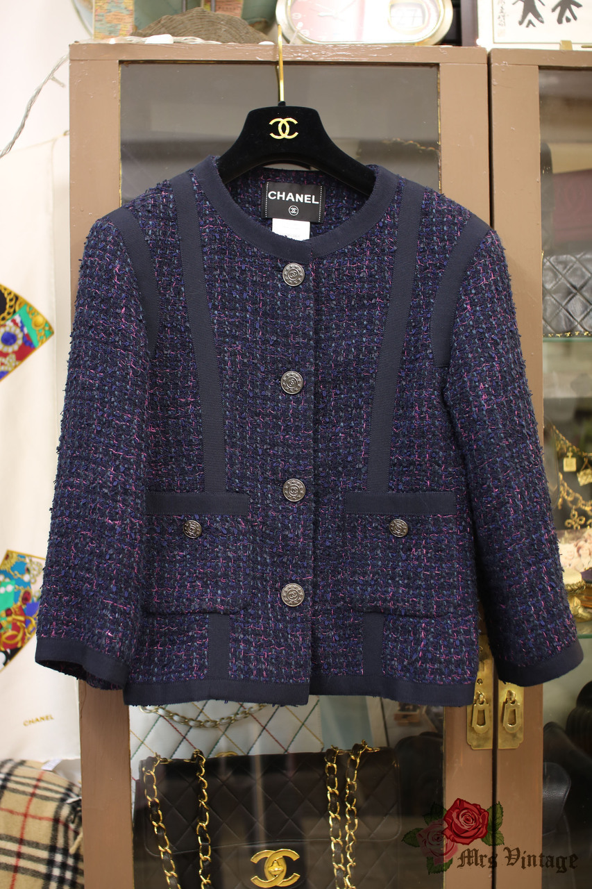 Pre Owned Chanel Navy Purple Evergreen Multi-Tweed Jacket FR36