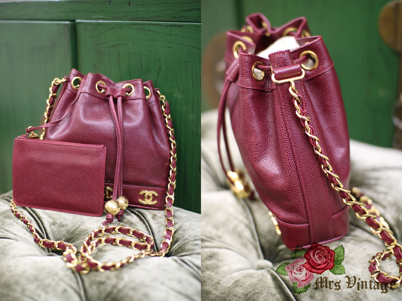 Vintage Chanel Raspberry Red Caviar Small Bucket Bag With 2 Golden