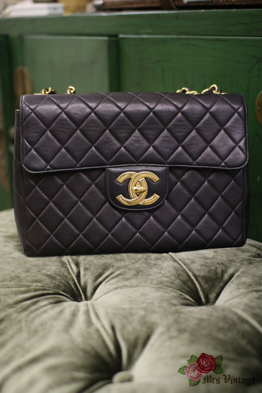 Vintage Chanel Jumbo Black Quilted Leather Shoulder Flap Bag 30cm