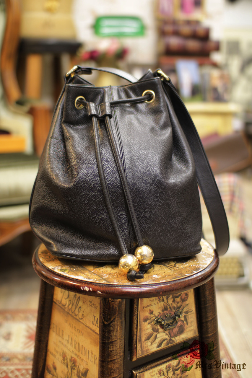 Vintage Chanel Black Caviar Leather Bucket Bag With Golden CC