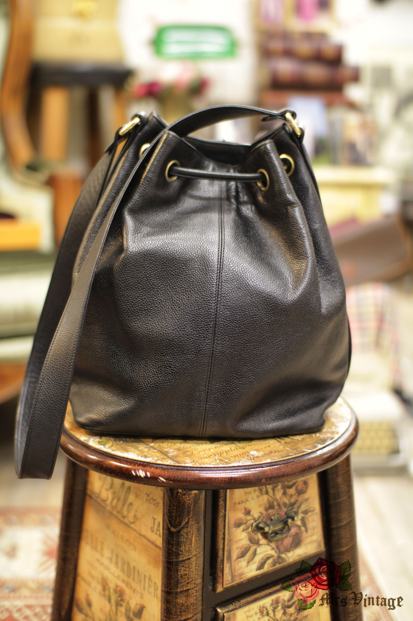 Vintage Chanel Black Caviar Leather Bucket Bag With Golden CC