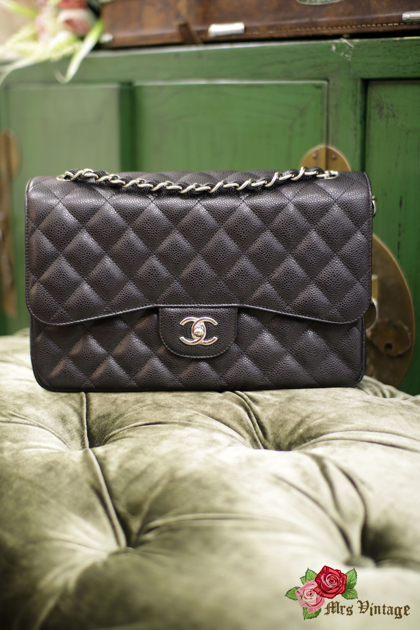 Chanel Classic Medium Double Flap, Black Caviar Leather, Silver Hardware,  Preowned in Dustbag