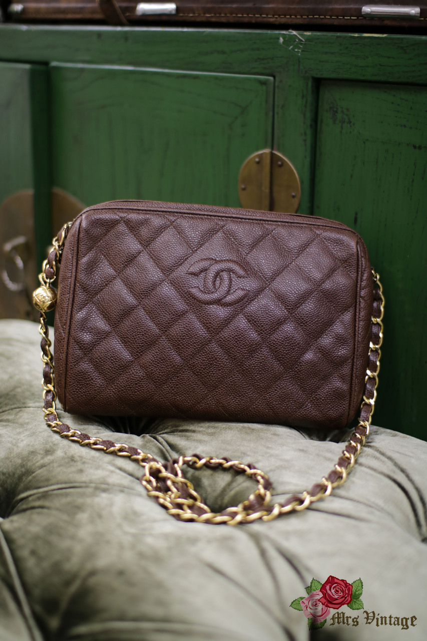 Vintage Chanel Brown Caviar Quilted Camera Bag with Golden Ball