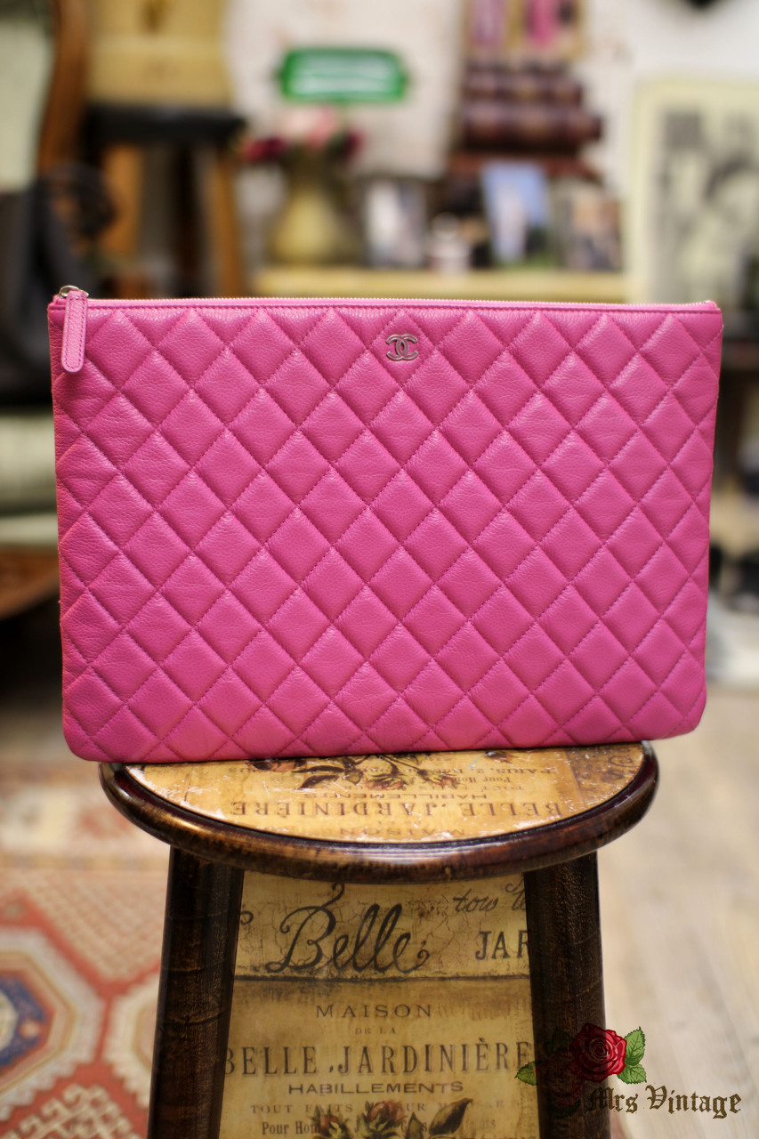 Chanel Pink Lambskin Quilted Large O Case Clutch