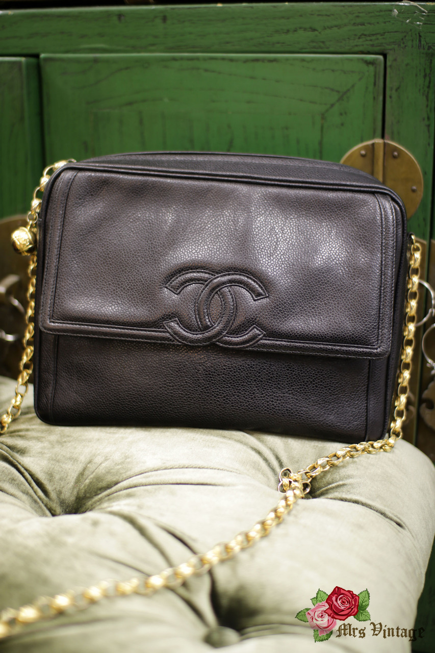 Vintage Chanel Black Caviar Leather Shoulder Bag 27cm Wide - Mrs