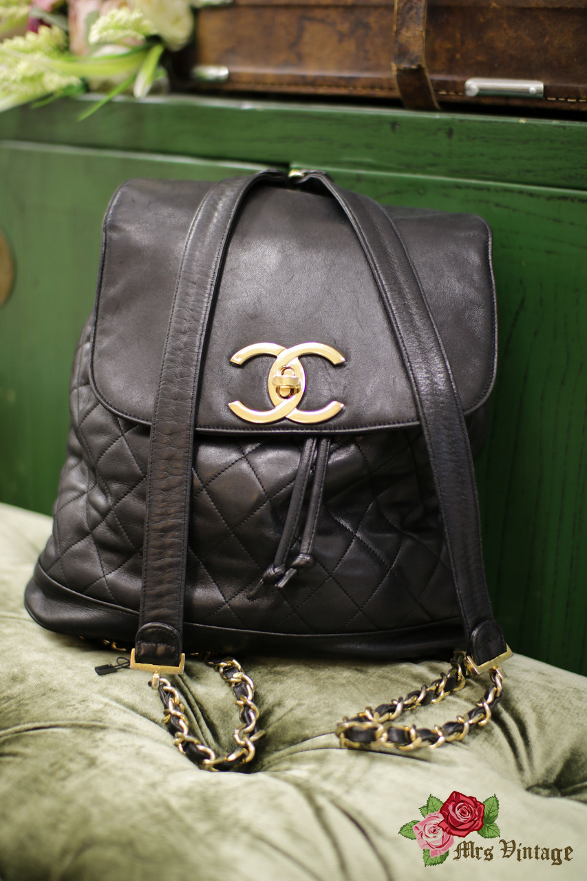 Vintage Chanel Deep Black Lambskin Backpack Medium Size - Mrs