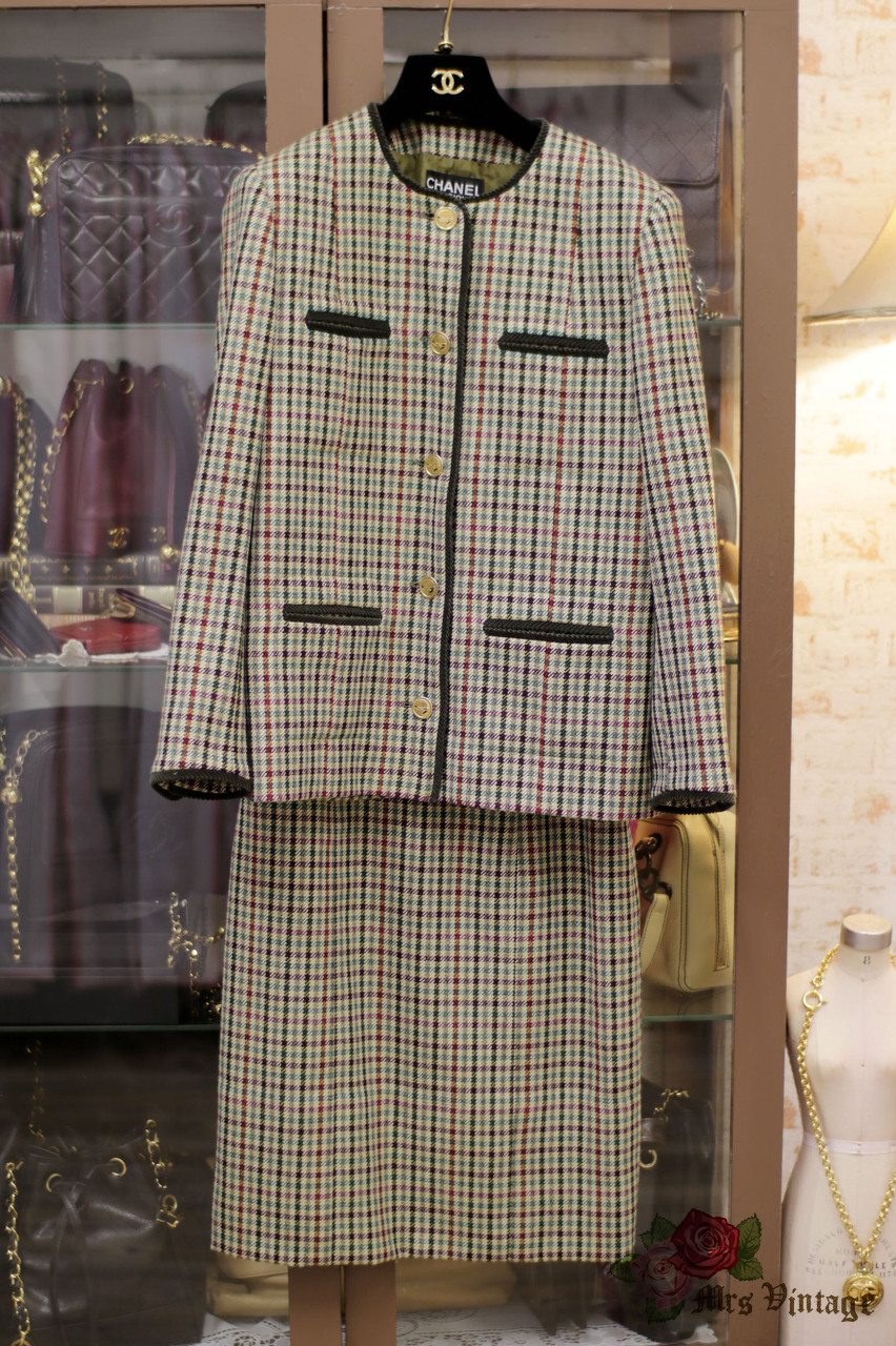 Vintage Chanel Suit Set Plaid Wool Jacket and Matching Skirt FR38