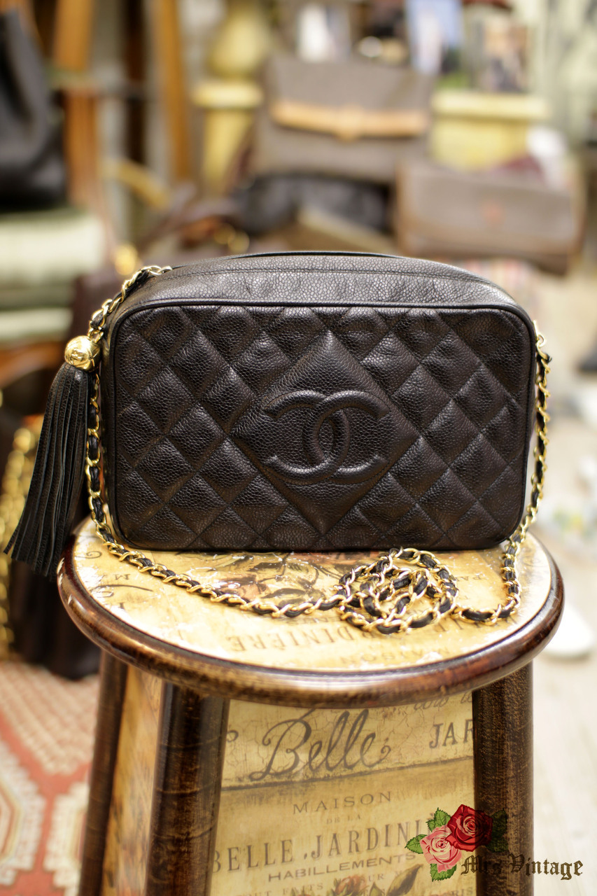 Vintage Rare Chanel Black Caviar Quilted Leather CC Tote Bag