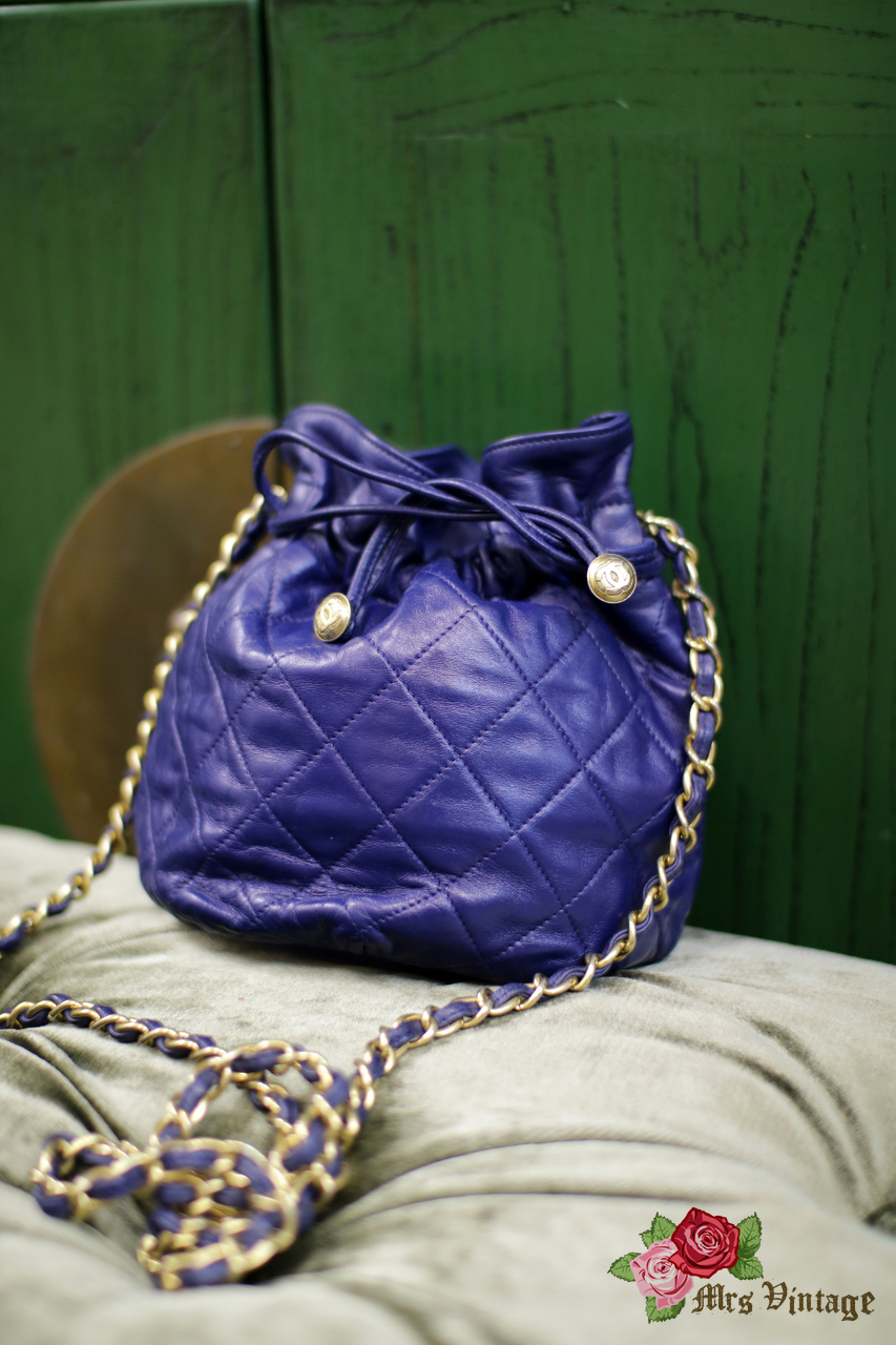 Rare Cute Vintage Chanel Blue Lambskin Bucket Bag - Mrs Vintage