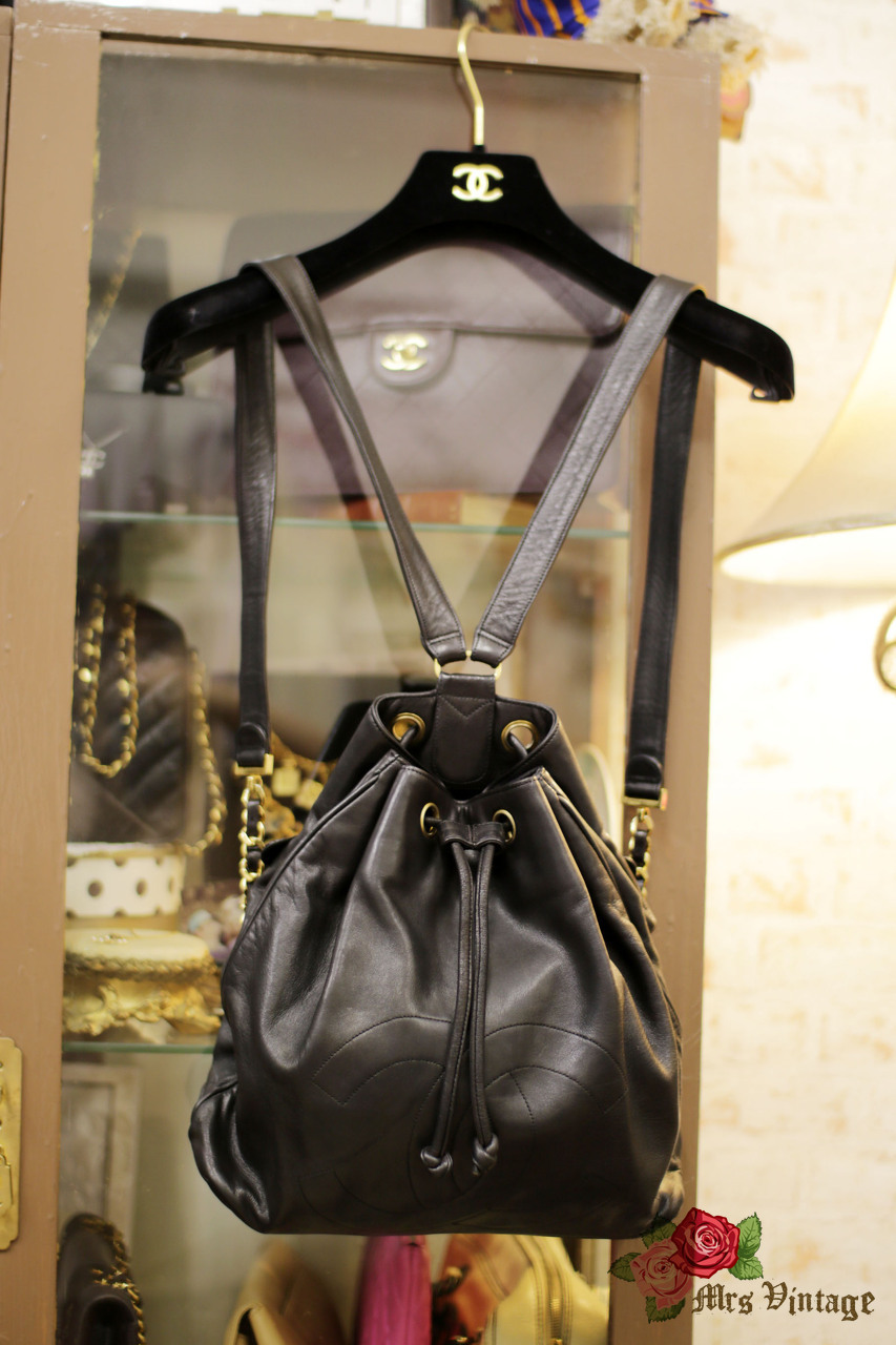 Vintage Chanel Black Lambskin Drawstring Backpack - Mrs Vintage