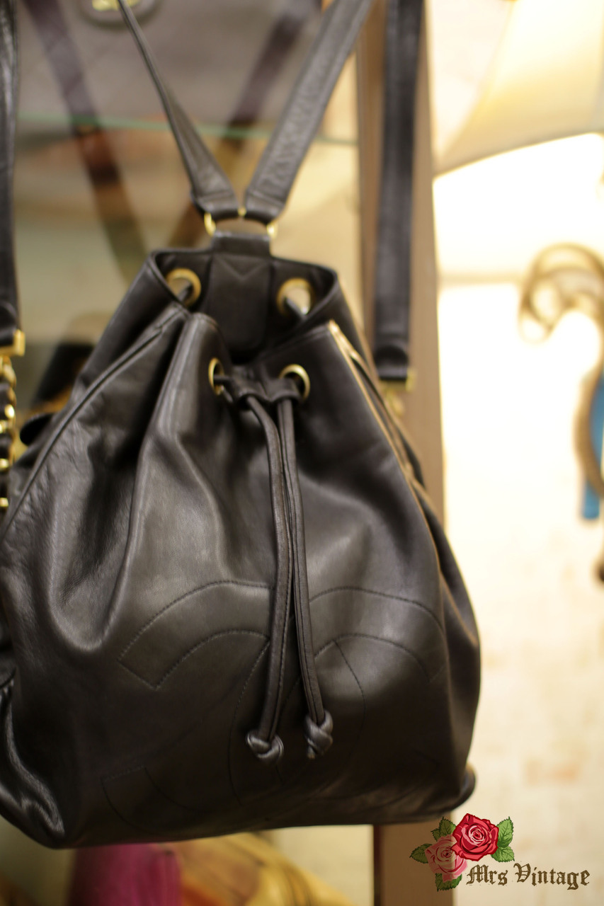 Vintage Chanel Black Lambskin Drawstring Backpack - Mrs Vintage