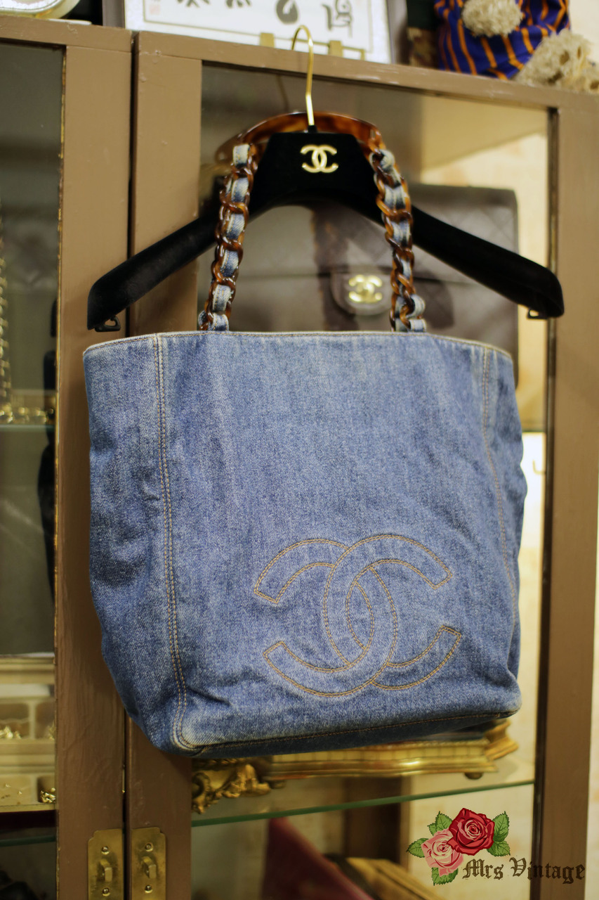 Chanel Vintage Chanel Denim & Tortoise Shell Style Strap Tote Bag