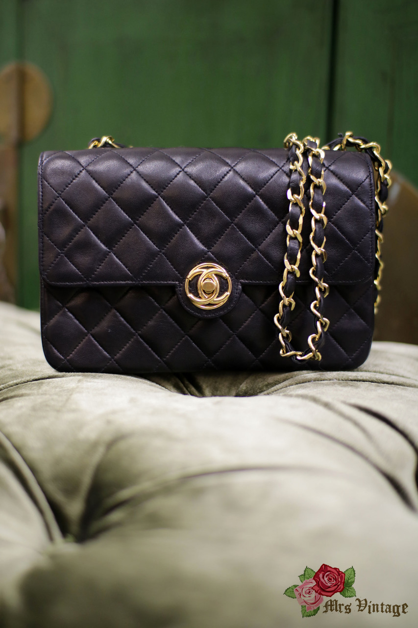 CHANEL Black Lambskin Quilted Leather 24K Gold Plated Shoulder