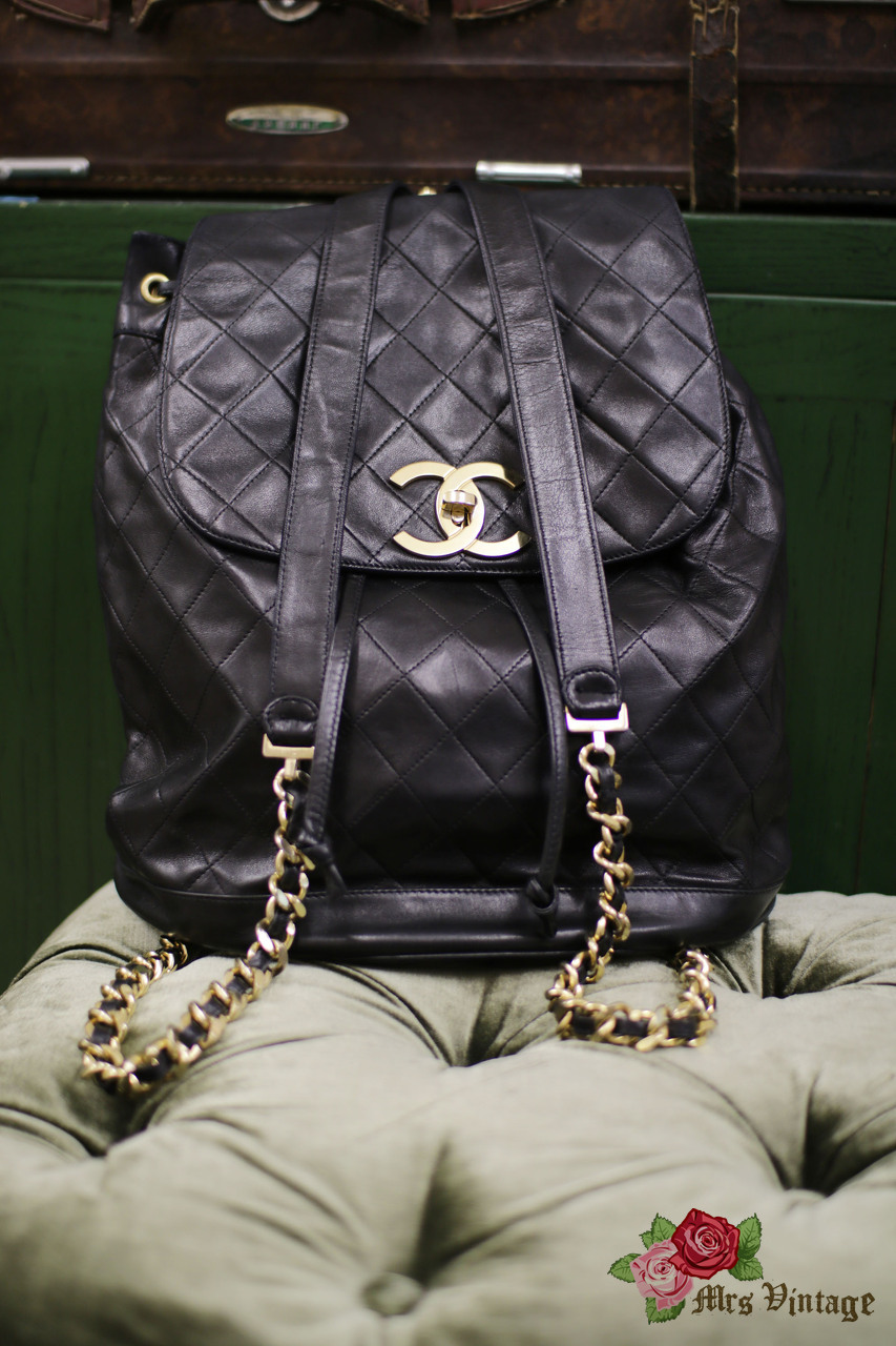 Vintage CHANEL Large Black Quilted Lambskin Backpack with Chain Detail