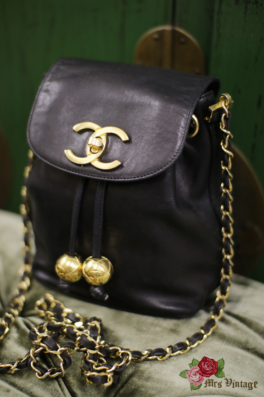 Vintage Chanel Black LambSkin Golden Ball Cross Body Bag Rare