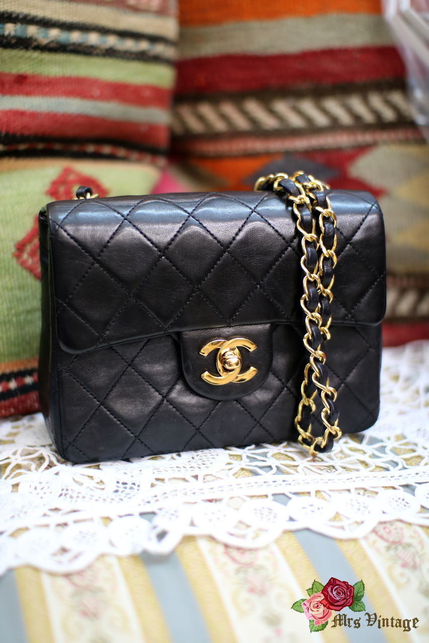 Vintage Chanel 7inch Mini Square Flap Black Quilted Lambskin