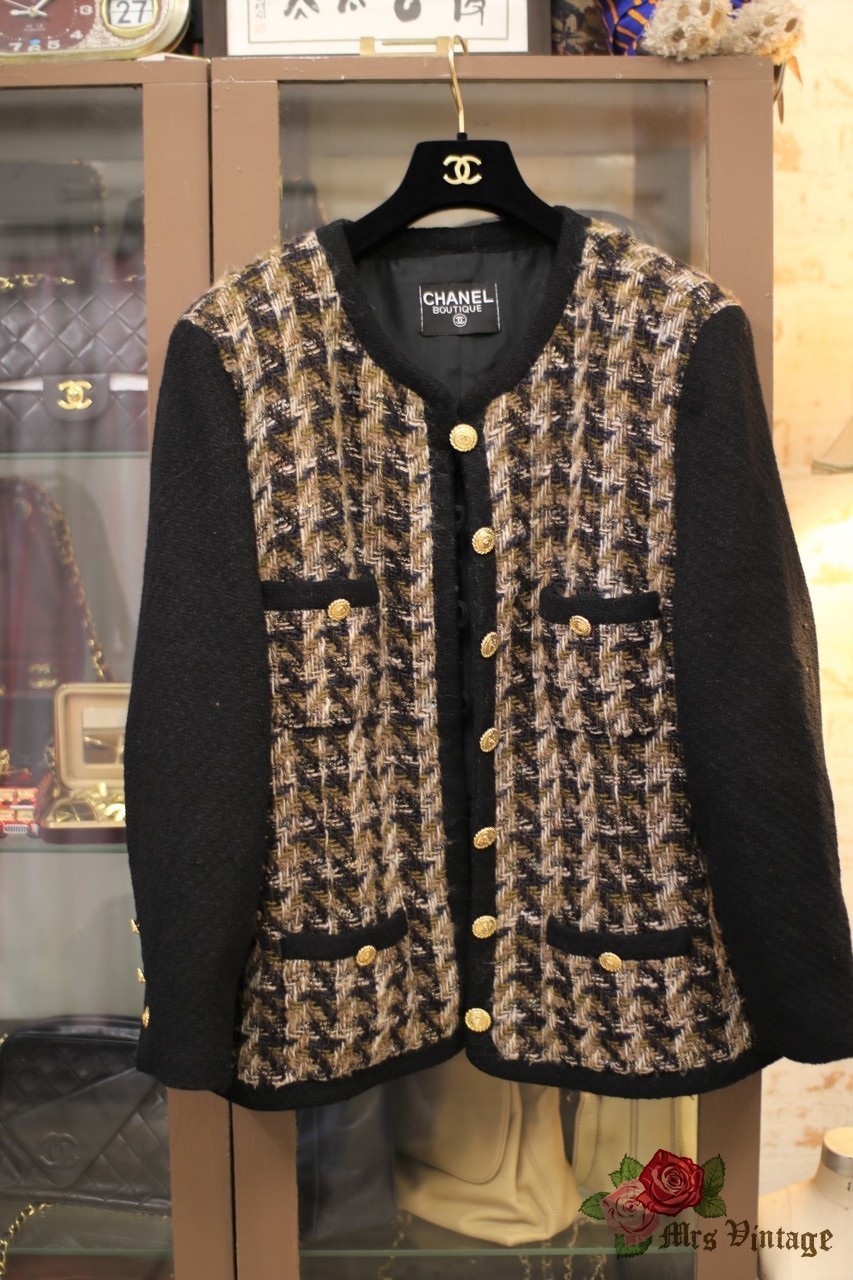 Pre-loved] Chanel Tweed Houndstooth Coat - Black/Cream