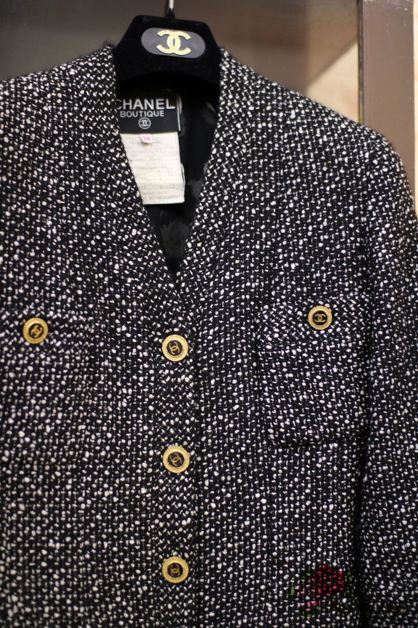 Vintage Chanel Black and White Long Tweed Jacket FR34 from 1993