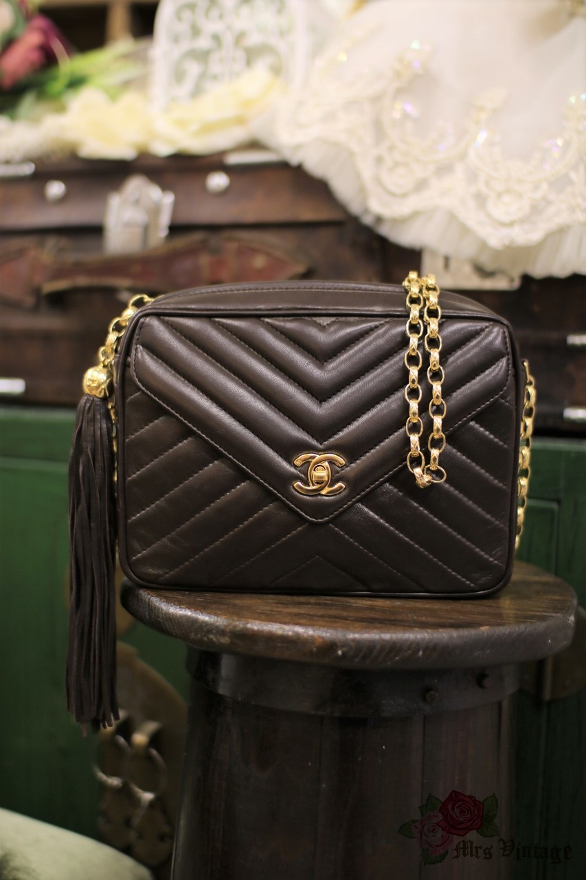 Super Rare Vintage Chanel Brown Lambskin Chevron Camera Tassel Bag