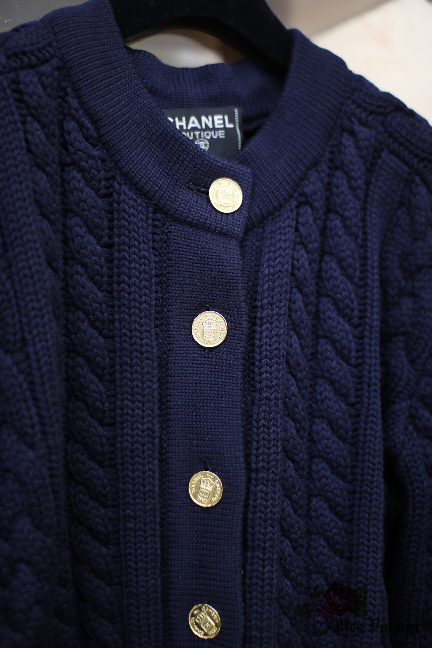 Vintage Chanel Navy Heavy Cable Wool Cardigan FR40 80s Super Rare