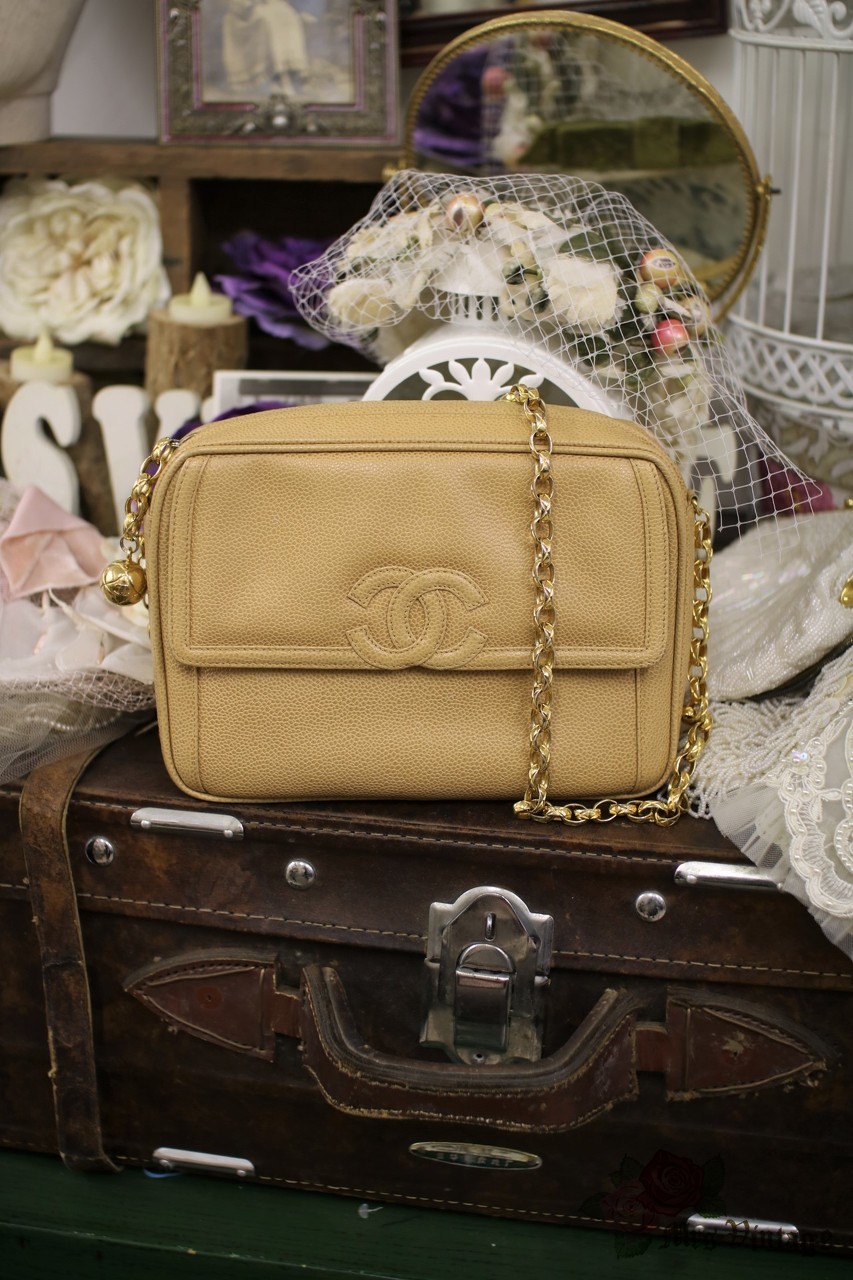 Vintage Chanel CC Beige Caviar Camera Bag Rare Bijoux Chain - Mrs