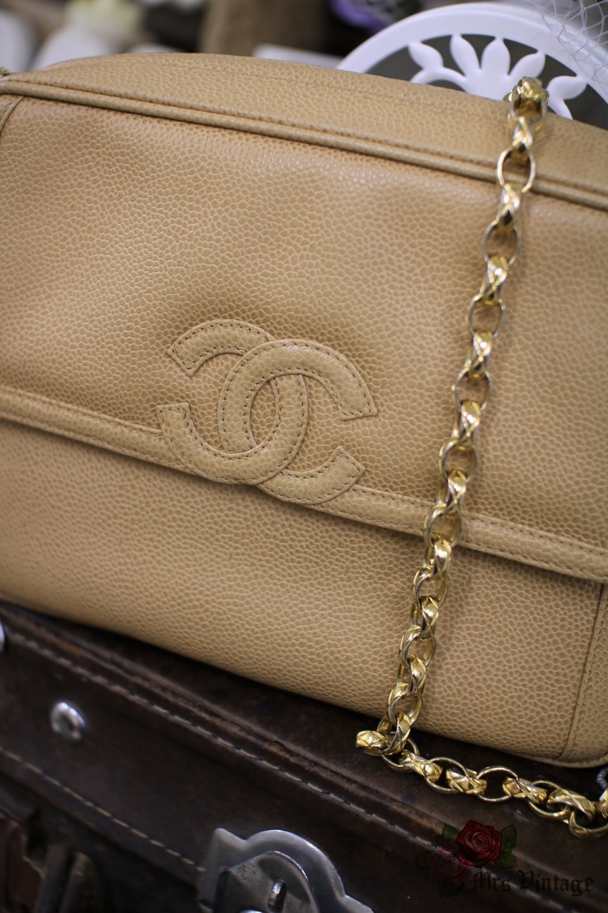 Vintage Chanel CC Beige Caviar Camera Bag Rare Bijoux Chain - Mrs