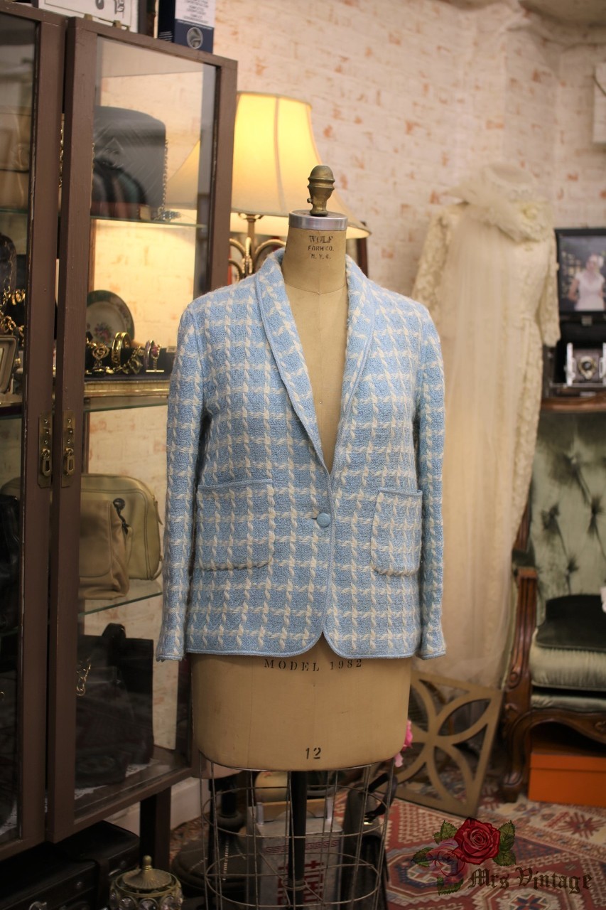 Vintage Chanel Aqua Blue Checks Wool Tweed Jacket 1996 FR38 - Mrs