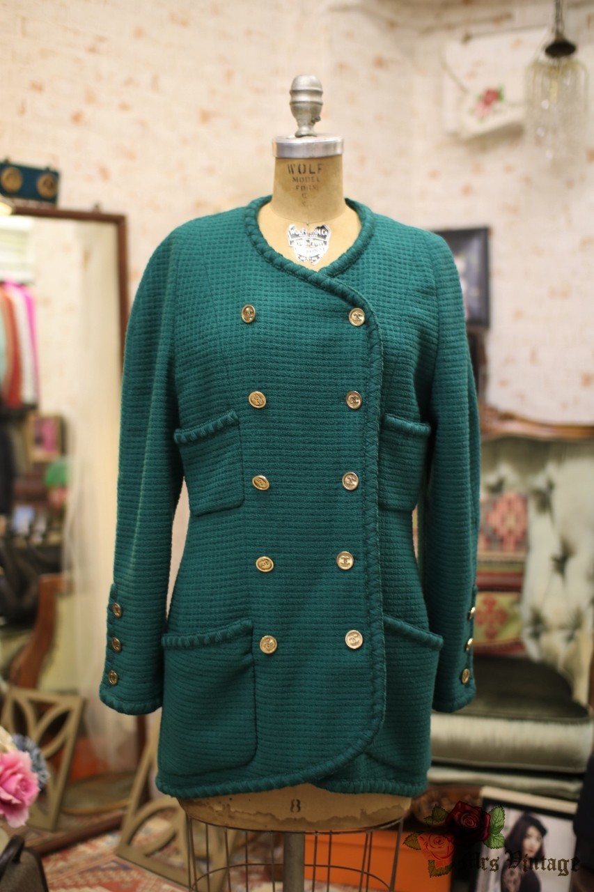 Vintage Chanel Emerald Green Tweed Double Breasted Jacket With