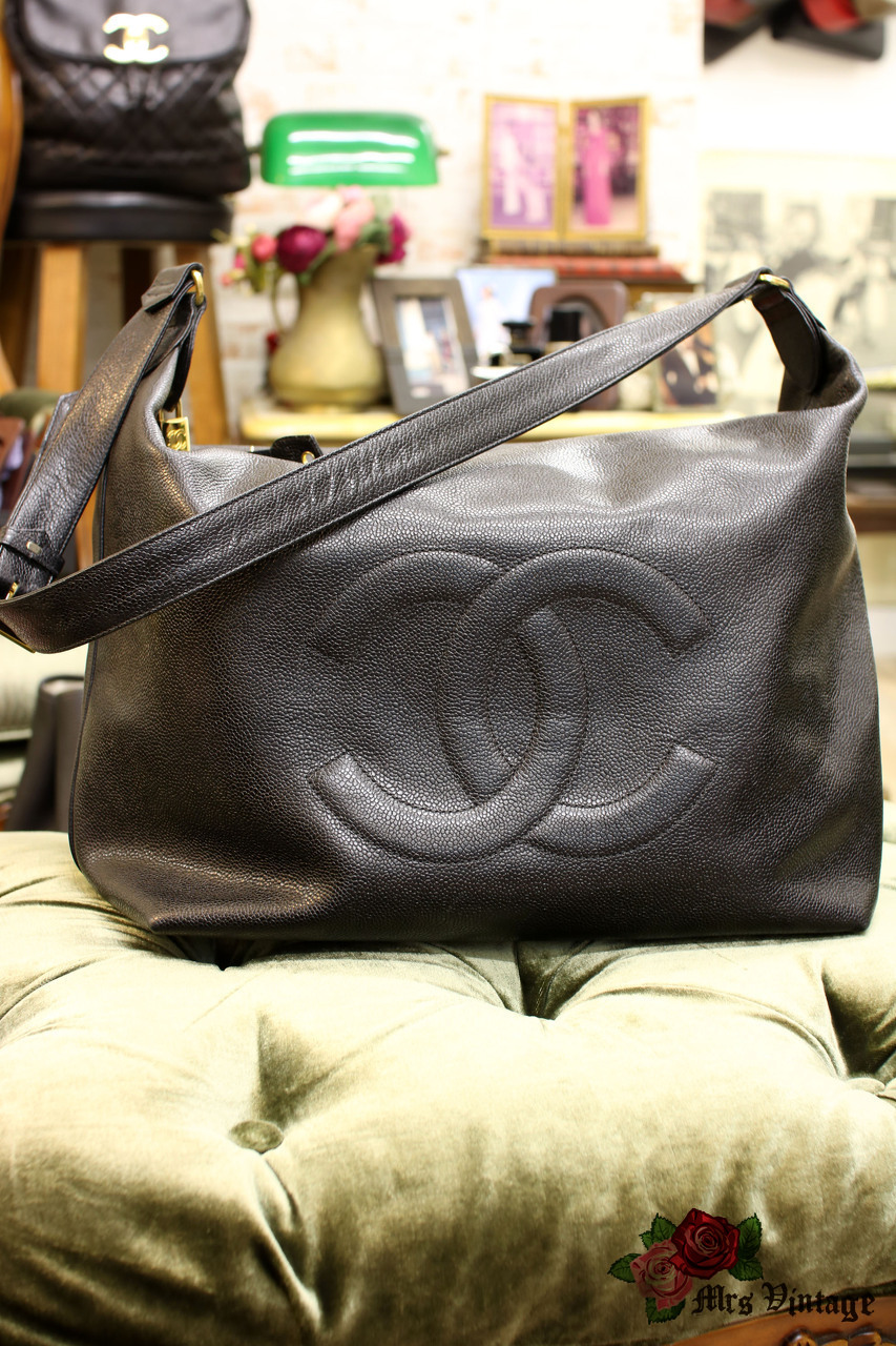 1990's Vintage Chanel Black Caviar Zipper Tote Bag