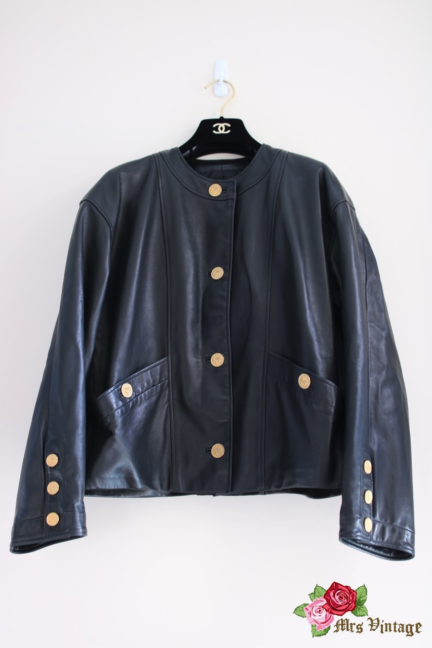 Vintage Chanel Black Leather Jacket 1985 FR40 Fits for FR40-FR44