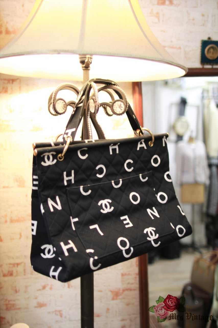 Chanel Vintage Black White Canvas Printed Letter Quilted Double