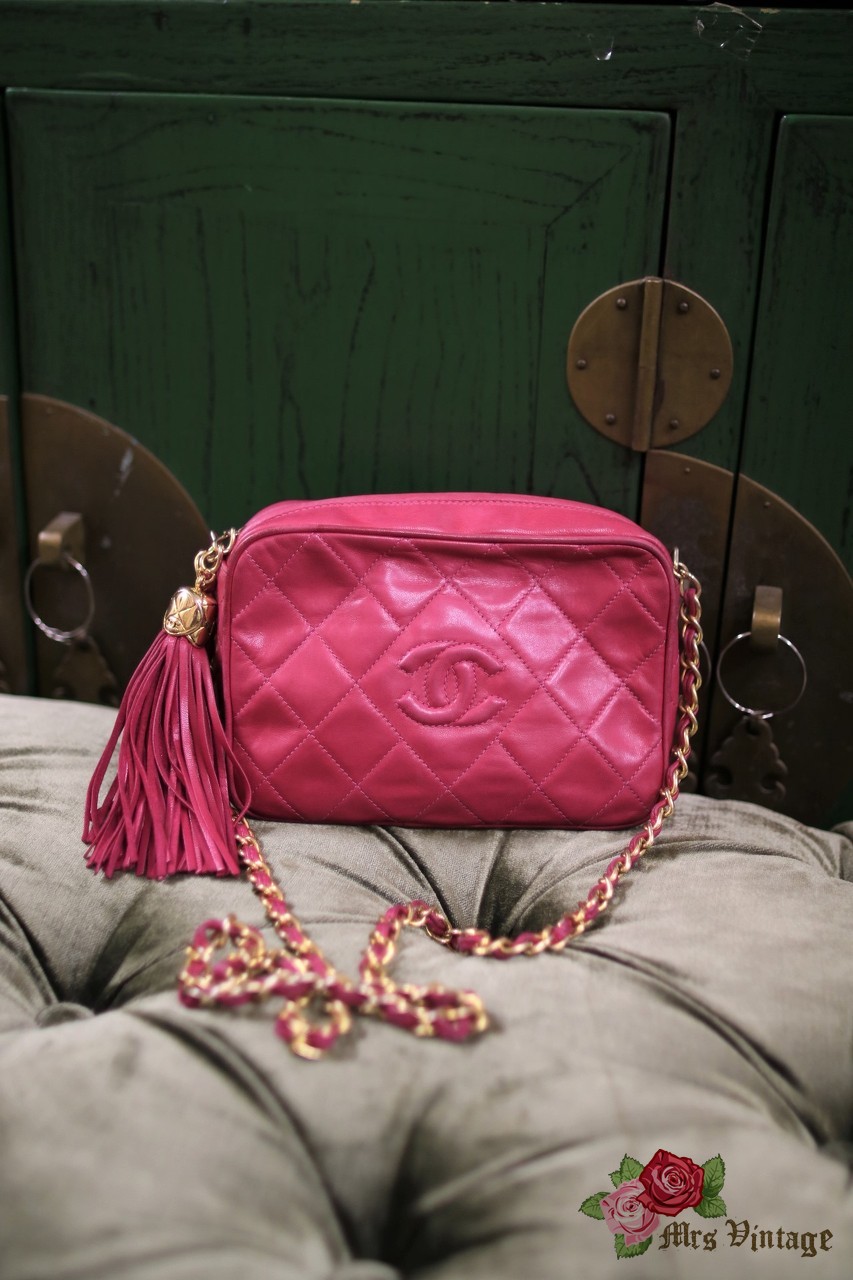 Vintage Chanel Shocking Pink Quilted Leather Shoulder Bag With