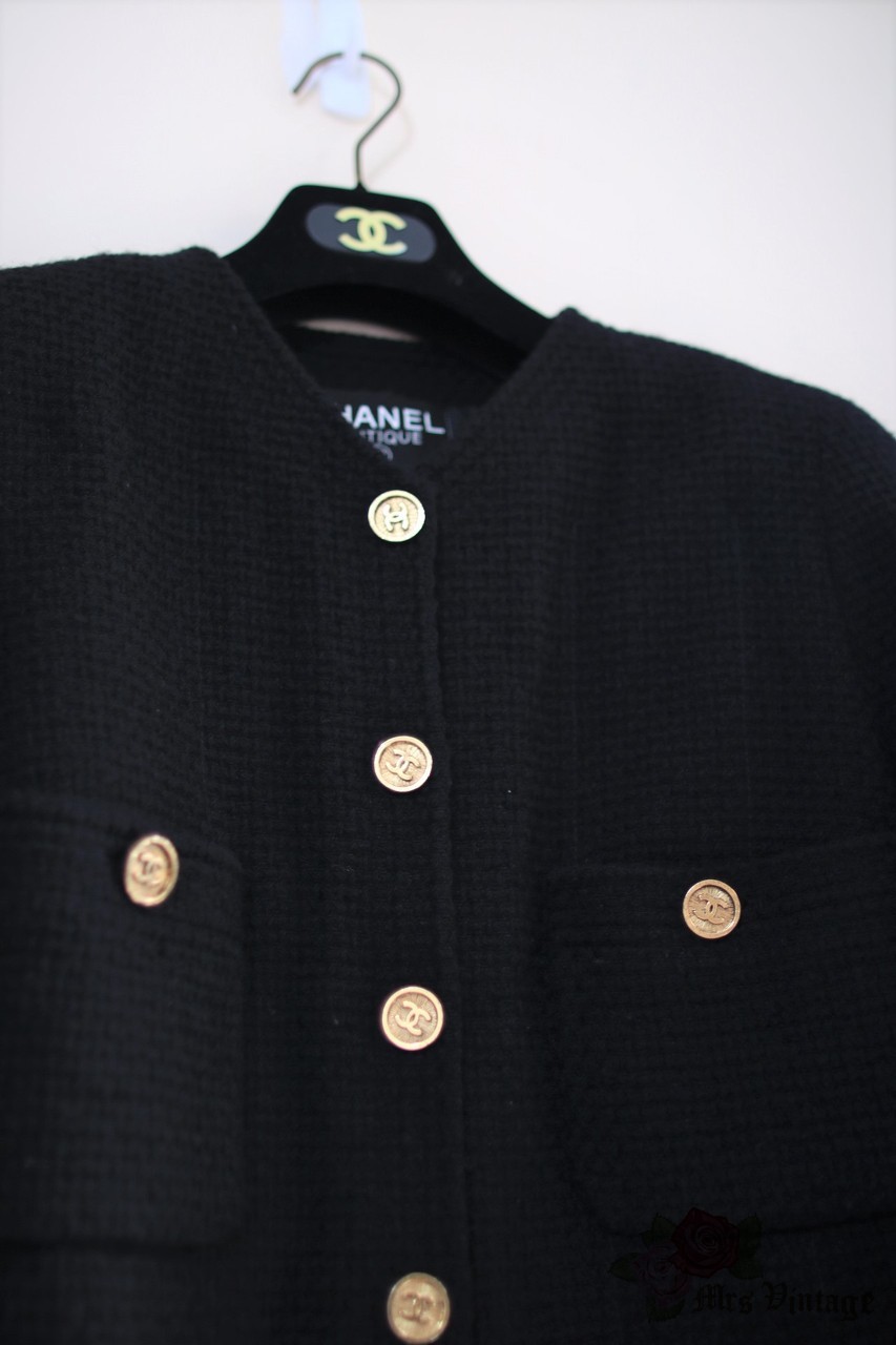 Vintage Chanel Black Tweed Iconic Jacket with Matching Skirt From