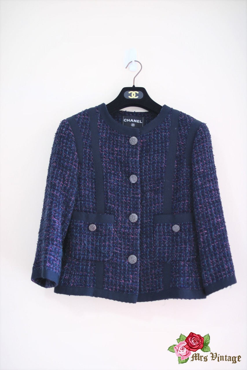 Pre Own Chanel Navy x Pink x Green Tweed Jacket FR34 2013 - Mrs