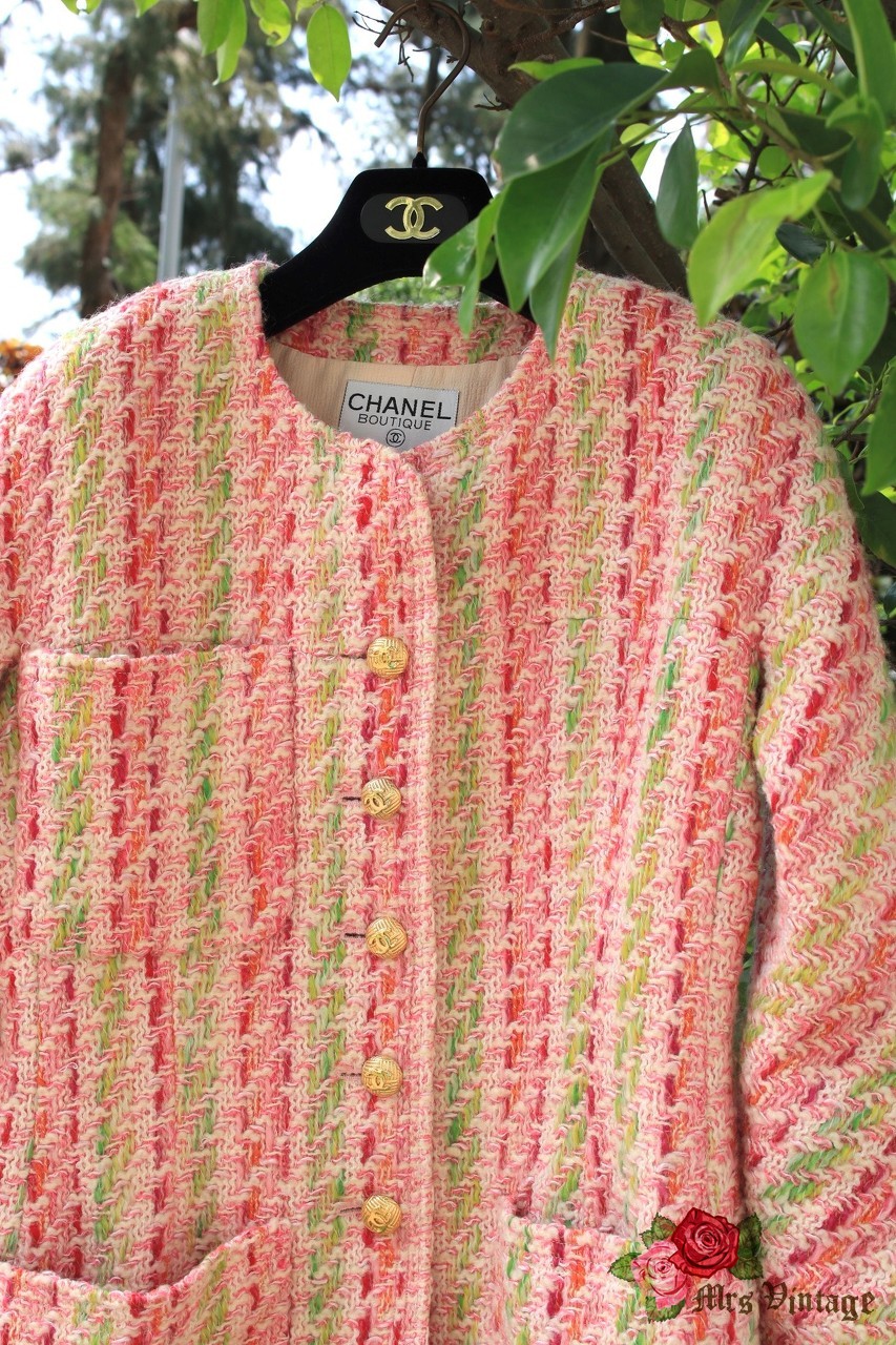 Vintage Chanel Pink x Green x Ivory Wool Tweed Jacket FR40/42 from