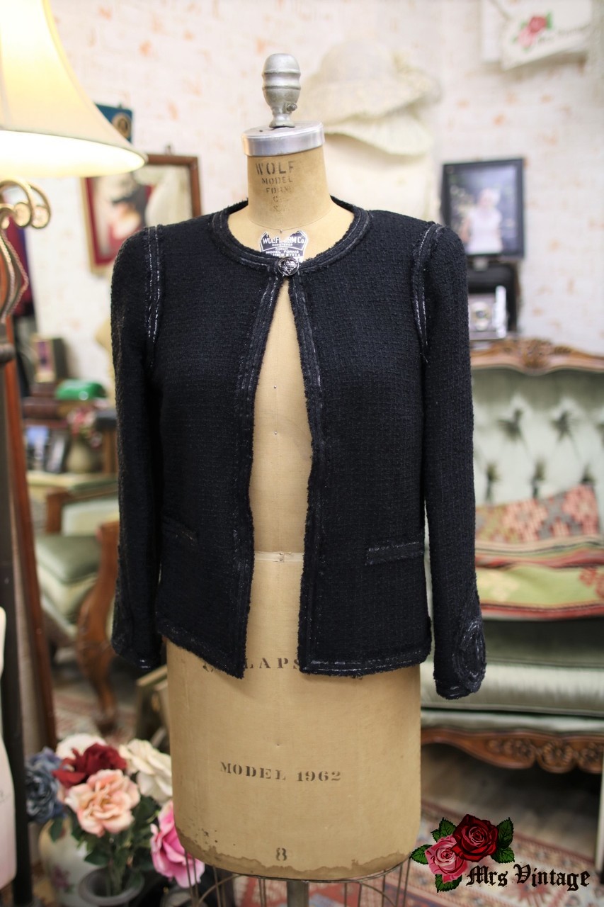Pre Owned Chanel Black Tweed Jacket FR42 2009 - Mrs Vintage