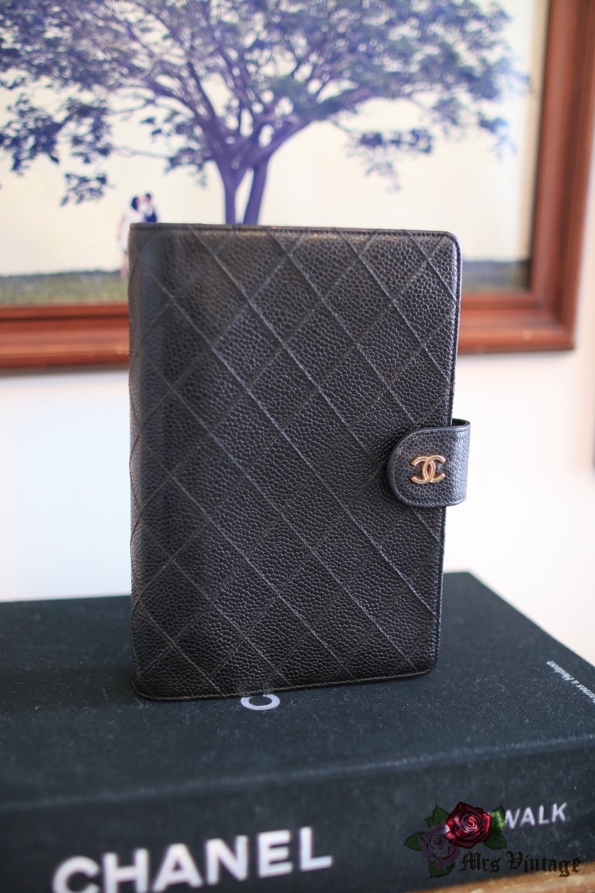 Chanel Black Caviar Leather Small Ring Agenda Diary Cover Notebook 863283  at 1stDibs