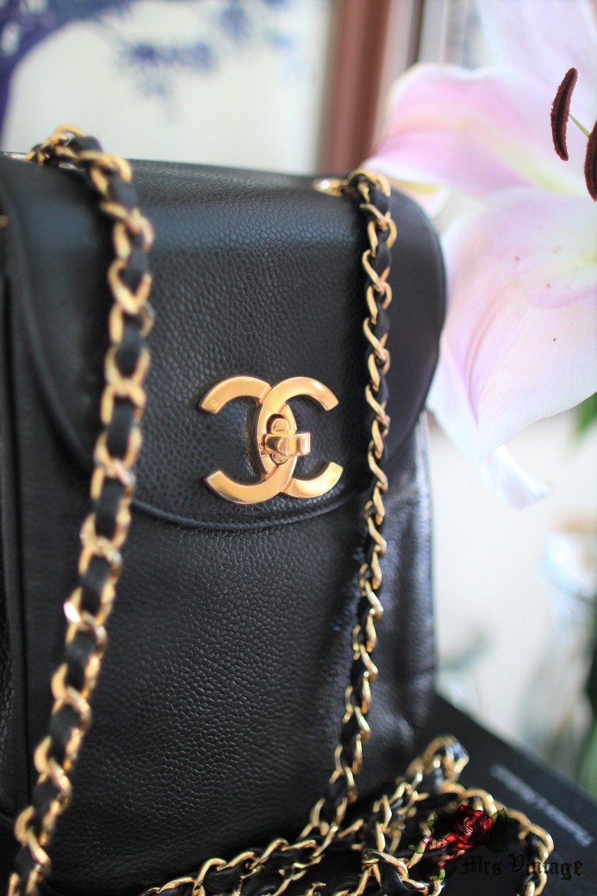 Vintage Chanel Black Caviar Leather Bucket Bag With Golden CC