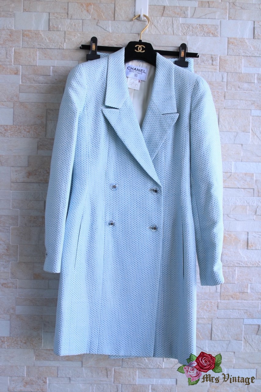 Vintage Chanel Baby Blue Tweed Suit With Matching Skirt FR36 1997