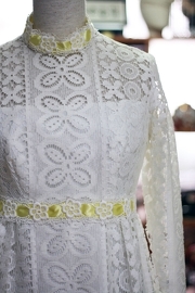 1950s Vintage Bohemian Crocheted Lace Yellow Ribbons Wedding Dr