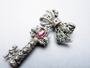 Vintage Bejewled Double Sided Key Dangling on Bow Brooch