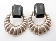 Vintage Big Black Glass & Super Hoop Deco Earrings