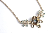 Vintage Blue Rhinestone Rose Gold Tone Floral Necklace