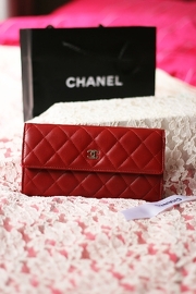 Authentic Chanel Quilted Red Lambskin Long Flap Wallet New Beaut