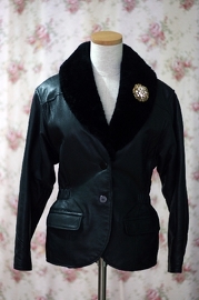 Vintage 1980s Japanese Black Leather Jacket with Fur Collar