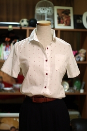 Vintage White Round Collar Shirt Blouse with Red Polka Do