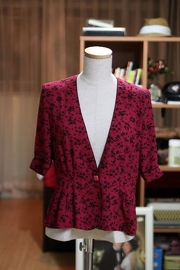 Vintage 1970s Fuschia Blouse with Black Rose Pattern