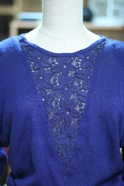 Vintage Electric Blue Knit Sweater V-neck Lace Crochet t