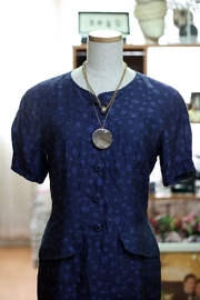 Vintage Blue Polka Dots Linen Dress Size S/M